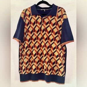 Mr Turk Stylish Geometric Polo Shirt - Navy and Orange Size M